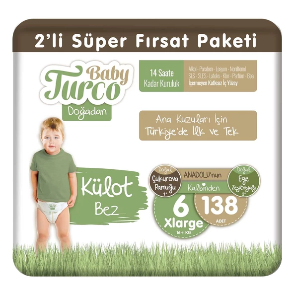 Baby Turco Doğadan 2'li Süper Fırsat Paketi Külot Bez 6 Numara Xlarge 138 Adet