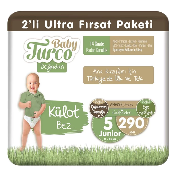 Baby Turco Doğadan 2'li Ultra Fırsat Paketi Külot Bez 5 Numara Junior 290 Adet