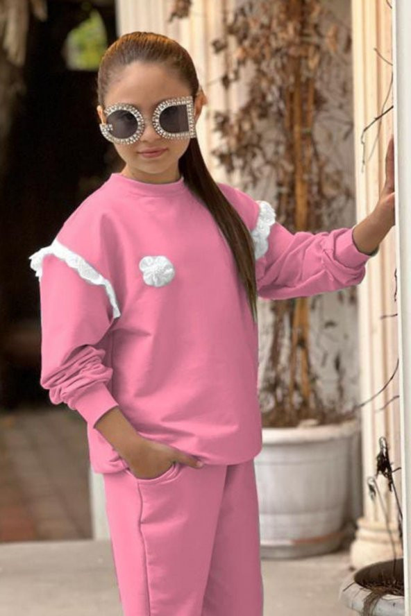 Kız Çocuk Omzu Güpür Detaylı Bisiklet Yaka Pembe Eşofman Takım - 2