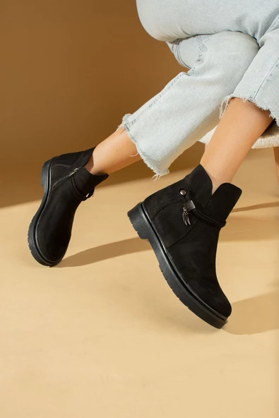 Pembe Potin Toka Detaylı Kauçuk Taban Fermuarlı Kadın Bot & Bootie 59-2003-23Süet