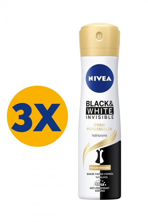 Nivea Black & White Invisible İpeksi Pürüzsüzlük Kadın Sprey Deodorant 3 x 150 ML