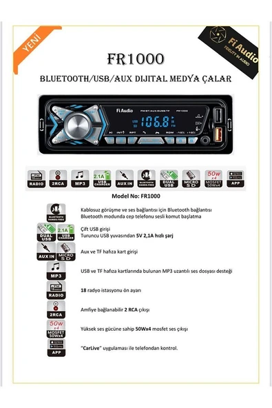 Fi audio fr1000 bluetooth/usb/aux dijital medya çalar oto teyp