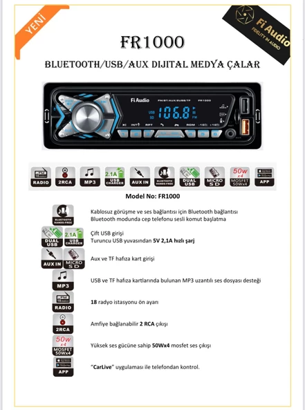 Fi Audio Fr1000 Bluetooth/Usb/Aux Dijital Medya Çalar Oto Teyp