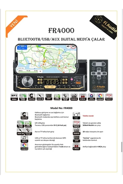 fi Audio FR4000 TELEFON STANDLI BLUETOOTH/USB/AUX DİJİTAL MEDYA ÇALAR OTO TEYP ürün görseli 1