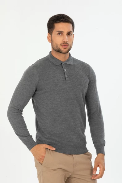 San&fa Triko Battal Büyük Beden Polo Yaka Kendinden Desenli Erkek Kazak - Resim 4