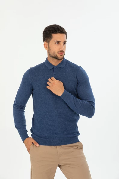 San&fa Triko Battal Büyük Beden Polo Yaka Kendinden Desenli Erkek Kazak - Resim 5