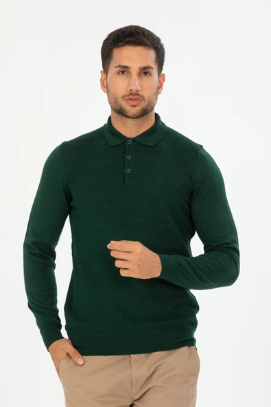 San&fa Triko Battal Büyük Beden Polo Yaka Kendinden Desenli Erkek Kazak - Resim 3