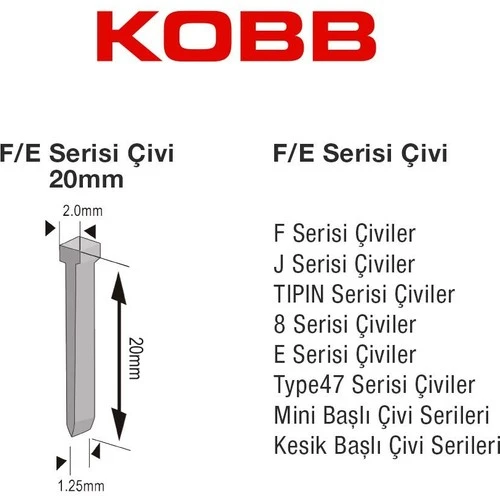KOBB KBZ20F 20mm 2500 Adet F/E/J/8 Serisi Ağır Hizmet Tipi Kesik Başlı Çivi - 4