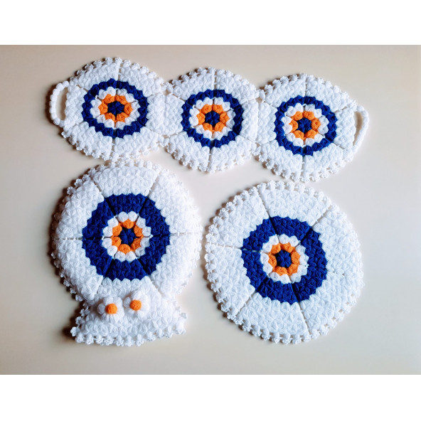 Banyo Lifi Yün El Örmesi 3'lü Ceyizlik Seti Nazar Bocuklu Desenli - 2