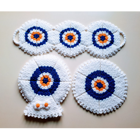 Banyo Lifi Yün El Örmesi 3'lü Ceyizlik Seti Nazar Bocuklu Desenli - 6