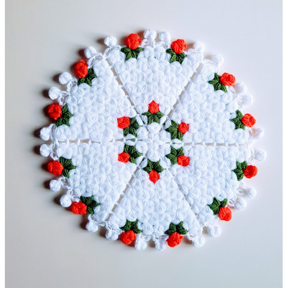 Banyo Lifi Yün El Örmesi 2'li Ceyizlik Seti Çiçek Desenli TURUNCU - 3