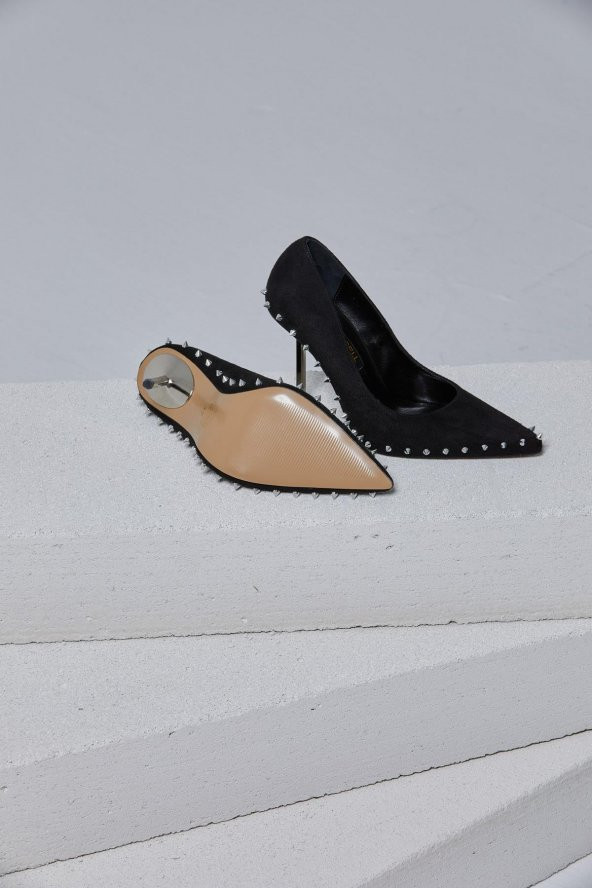 Tina Gold Zımbalı Siyah Süet Stiletto - 4