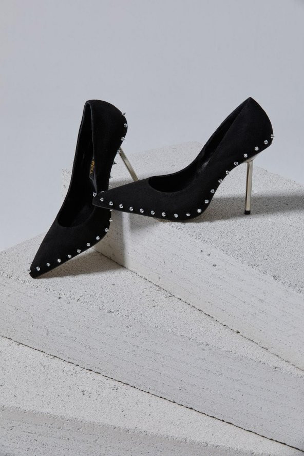 Tina Gold Zımbalı Siyah Süet Stiletto - 5