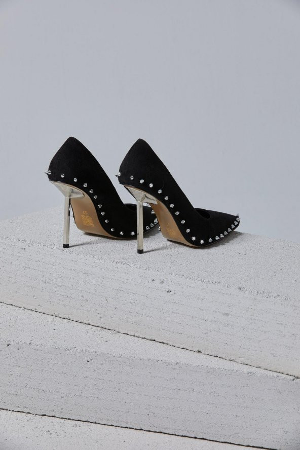Tina Gold Zımbalı Siyah Süet Stiletto - 7