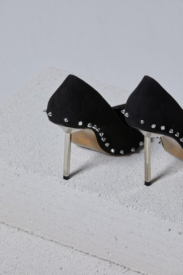 Tina Gold Zımbalı Siyah Süet Stiletto - 8