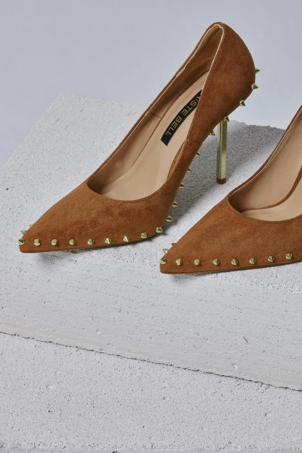 Tina Süet Gold Zımbalı Taba Renk Stiletto - 7