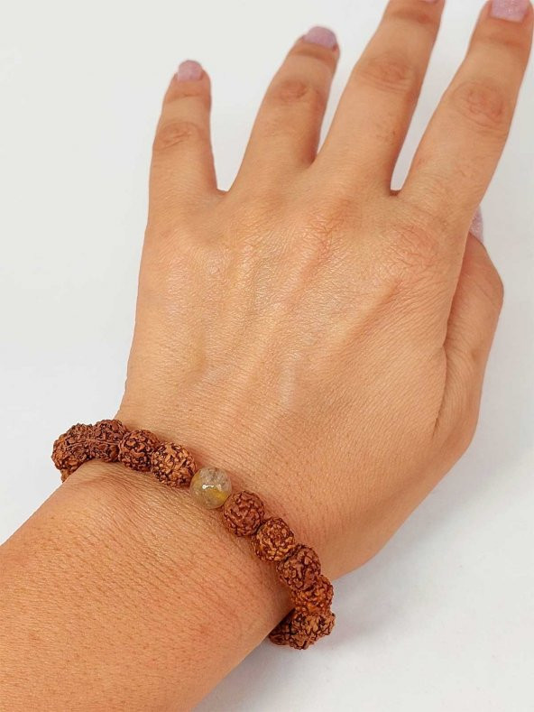 Gold Beril Taşlı Rudraksha Tohum Unisex Bileklik 8mm ürün görseli