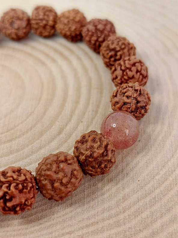 Çilek Kuvars Taşlı Rudraksha Tohum Unisex Bileklik 8mm - Resim 3