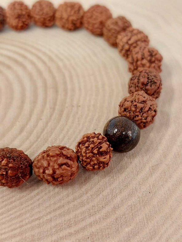 Bronzit Taşlı Rudraksha Tohum Unisex Bileklik 8mm - Resim 3