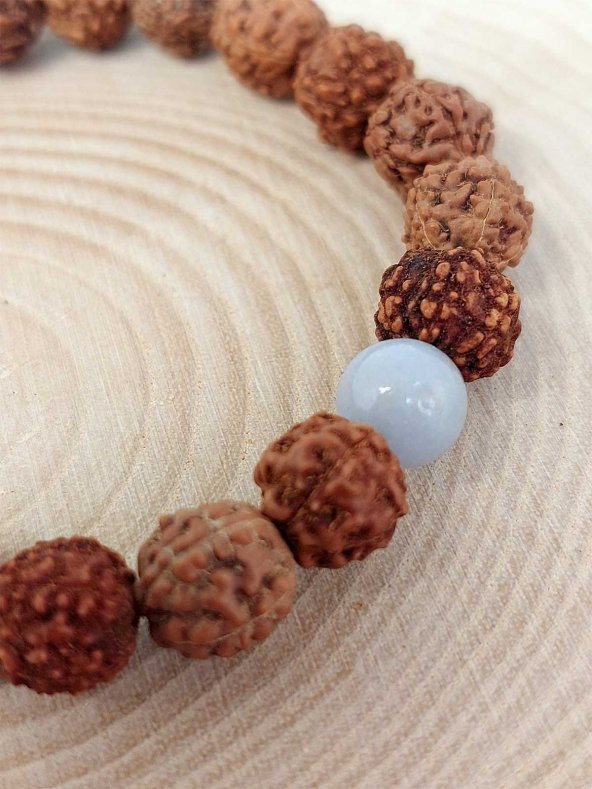 Angelit Taşlı Rudraksha Tohum Unisex Bileklik 8mm - Resim 3