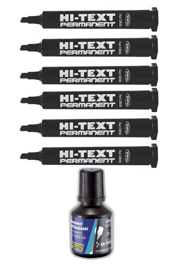 Siyah Kesik Uçlu Markör Permanent Kalem 6 Adet Hı-Text Marker Mürekkep Siyah 30 Ml 1 Adet Brons Koli Kalemi