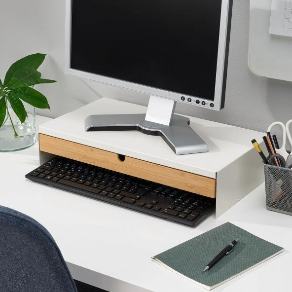 Monitör Yükseltici MeridyenDukkan Beyaz Renk 47x26x10 cm Bambu, Çekmeceli Monitör Standı - 5