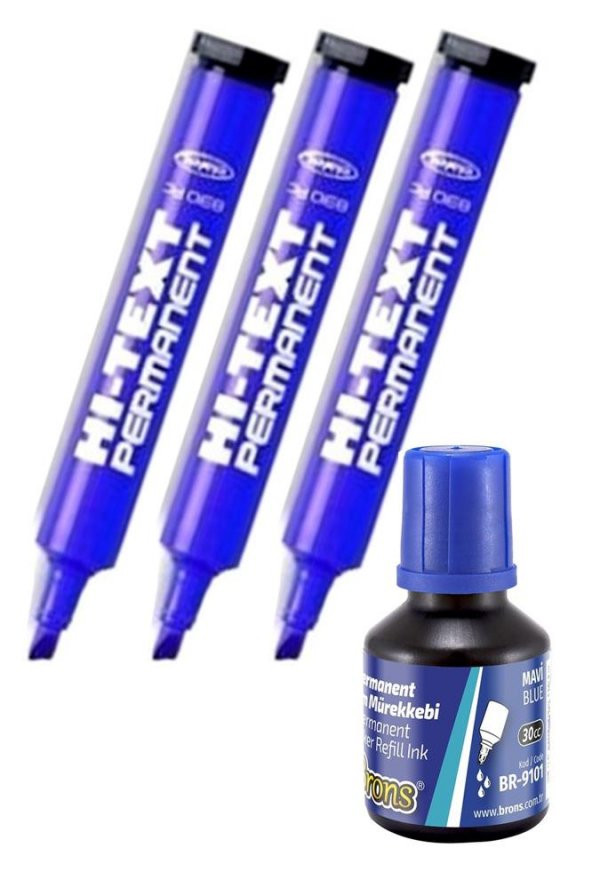 Mavi Kesik Uçlu Markör Permanent Kalem 3 Adet Hı-Text Marker Mürekkep Siyah 30 Ml 1 Adet Brons Koli Kalemi