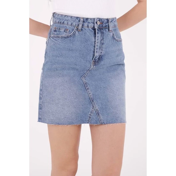 Ekstra Dikişli ve Püsküllü Yüksek Belli Cepli Kısa Kot Kadın Etek Orta Mavi Denim Yaz