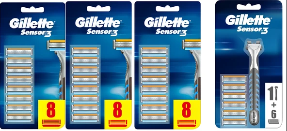 Gillette Sensor3 Erkek Tıraş Bıçakları 8+8 +8+6 yedek + Makina