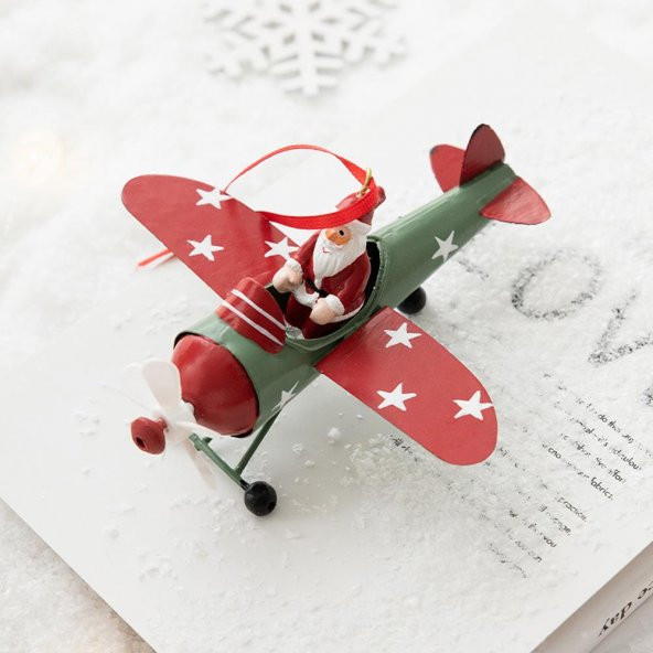 1 Adet 13cm Metal Uçakta Noel Baba Ağaç Süsü - 4