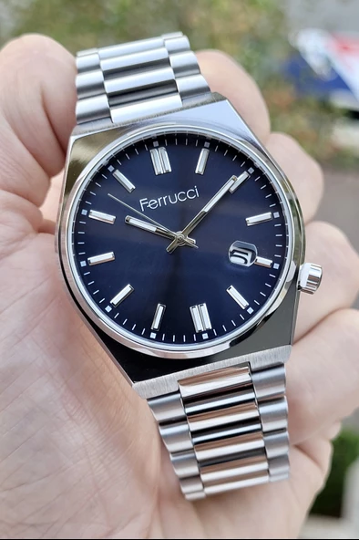 Ferrucci FCISTE223 Kadranı Lacivert Kordonu Gümüş Renk Takvimli Erkek Kol Saati - Resim 3