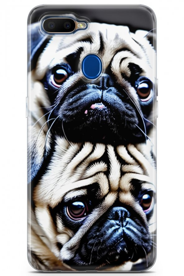 Oppo A7 Uyumlu Kılıf Dogs 20 İkili Pug Renkli Kılıf Bej