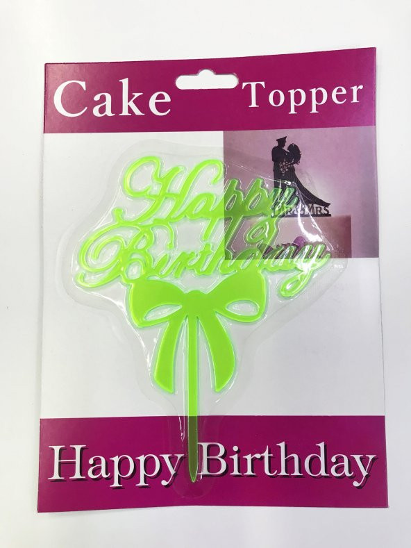 Parti Happy Birthday Yazılı Fiyonklu Pasta Kek Çubuğu Yeşil Renk