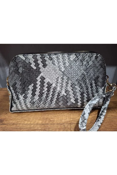 Kadın Siyah Gri Kroko Desenli El Askılı Portföy Clutch