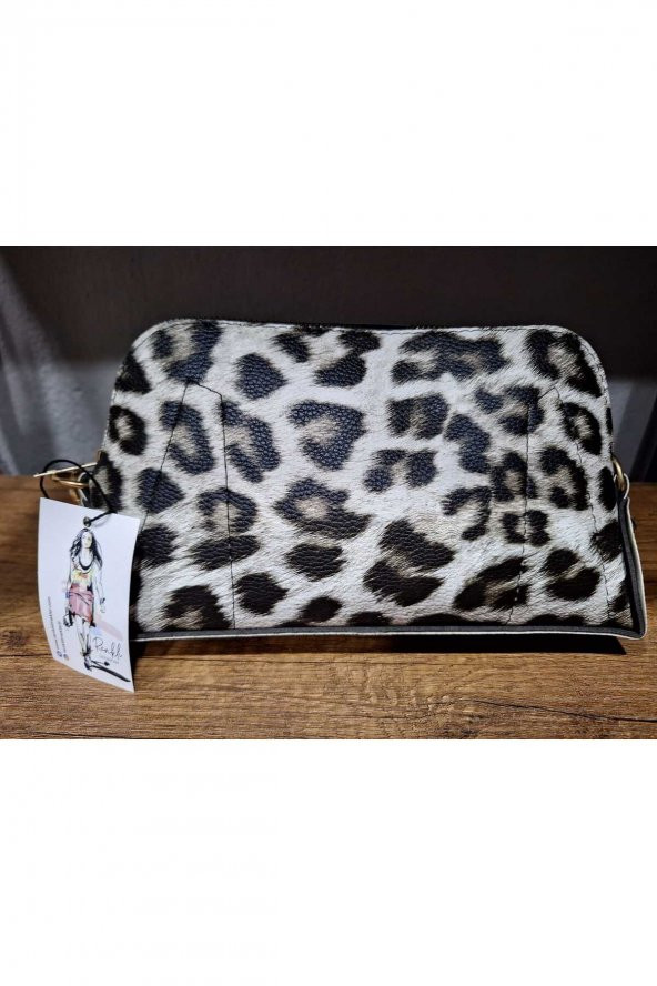 Kadın Siyah Beyaz Leopar Desenli El Askılı Portföy Clutch