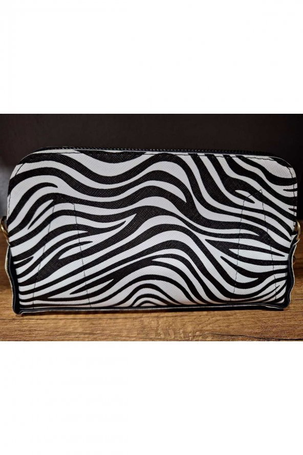 Kadın Siyah Beyaz Zebra Desenli El Askılı Portföy Clutch