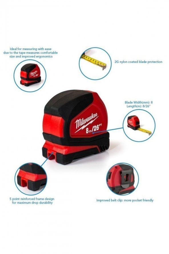 Milwaukee T4932459596 Ağır Hizmet Tipi Pro Kompakt Şerit Metre 8m26ft - 4