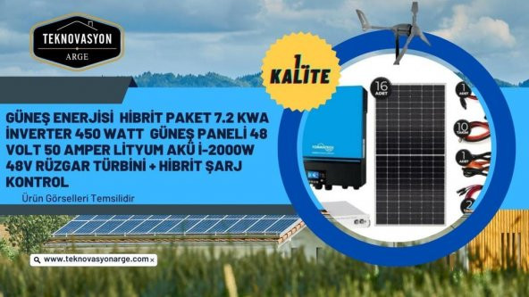 Güneş Enerjisi  Hibrit Paket 7.2 KVA İnverter 450 watt  Güneş Paneli 48 Volt 50 Amper Lityum Akü İ-2000W 48V Rüzgar Türbini + Hibrit Şarj Kontrol - 6
