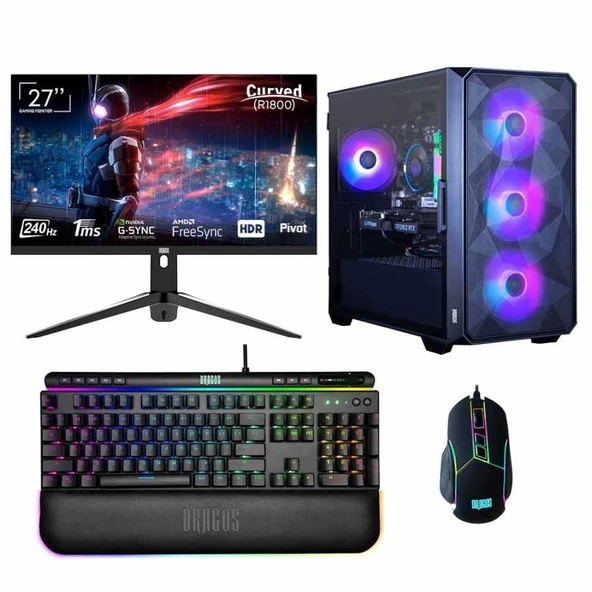 Dragos DRx6296 i7 14700KF 32GB Ram 1TB M.2 NVMe SSD 8GB RTX4060 Ekran Kartı 27 İnç 240Hz Curved Monitör Oyuncu Bilgisayarı