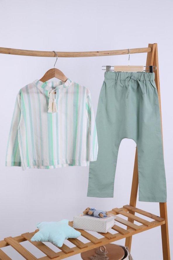 Babyhola Pamuk Bluz Keten Pantolon Kız Erkek Çocuk Salaş Takım Beyaz Mint 1200