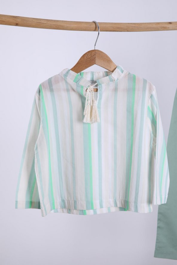 Babyhola Pamuk Bluz Keten Pantolon Kız Erkek Çocuk Salaş Takım Beyaz Mint 1200 - 2
