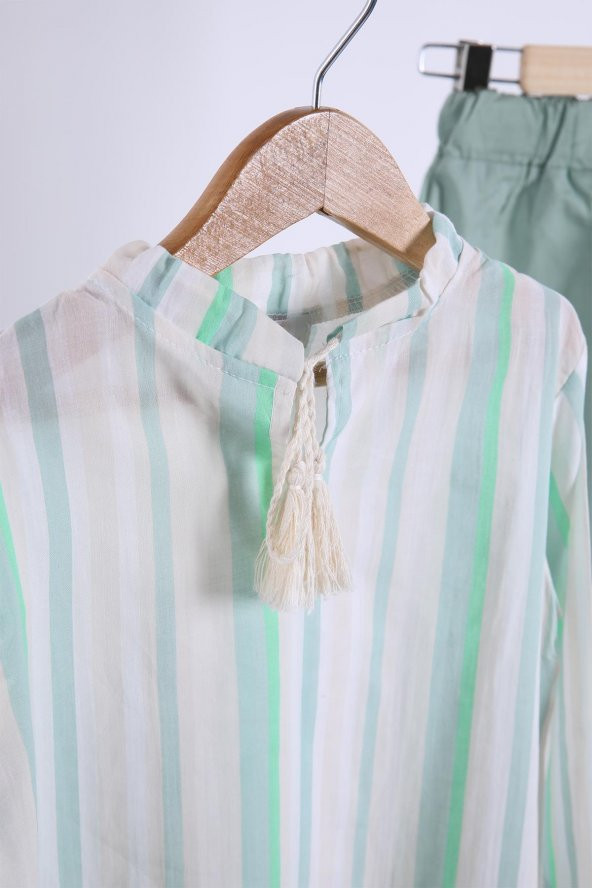 Babyhola Pamuk Bluz Keten Pantolon Kız Erkek Çocuk Salaş Takım Beyaz Mint 1200 - 3