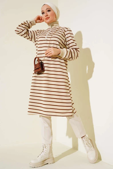 Dik Yaka Çizgili Tunik Kahve - 2
