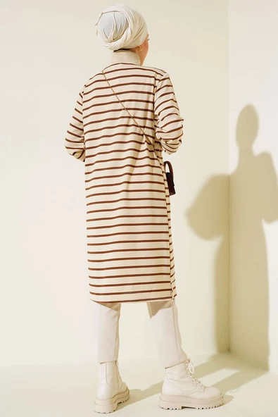 Dik Yaka Çizgili Tunik Kahve - 3
