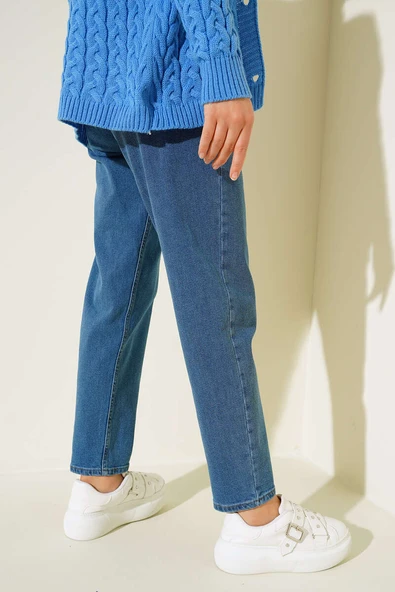 Mom Friend Düz Jean Pantolon Kot Mavisi - 3