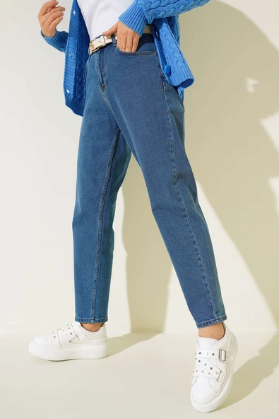 Mom Friend Düz Jean Pantolon Kot Mavisi - 2