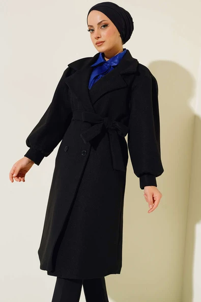 Balon Kol Düğmeli Kaşe Kaban Siyah - 2