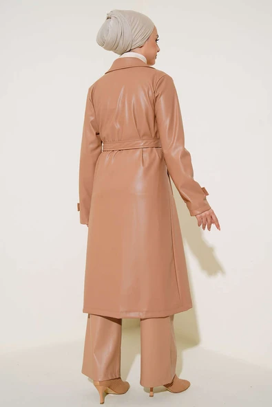 Tek Düğmeli Kuşaklı Deri Trençkot Latte - 3