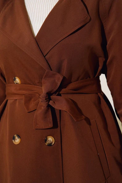 Apoletli Kruvaze Yaka Trençkot Taba - Resim 4