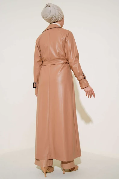 Düğmeli Kuşaklı Deri Trençkot Latte - Resim 3